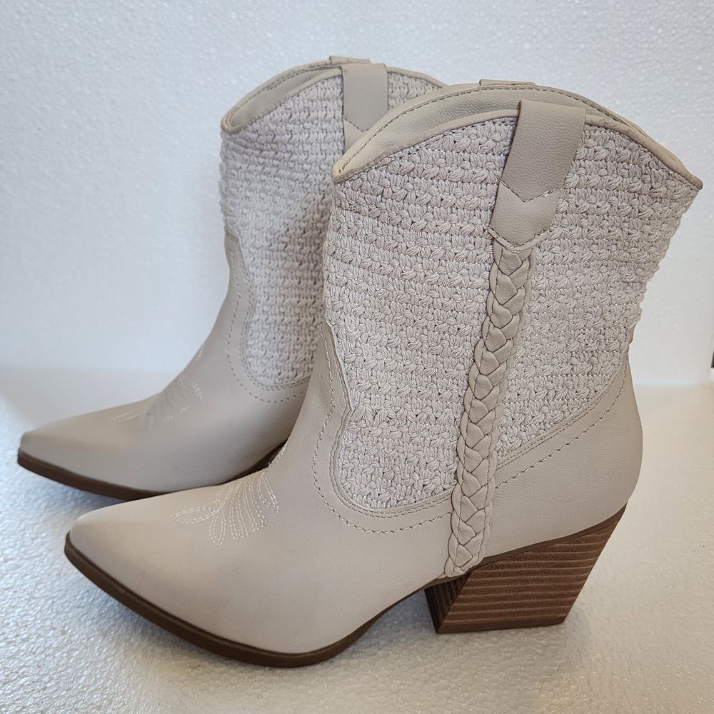Dolce Vita Koolson Cream Braided Western Ankle Boots with Stacked Heel - Picture 4 of 12